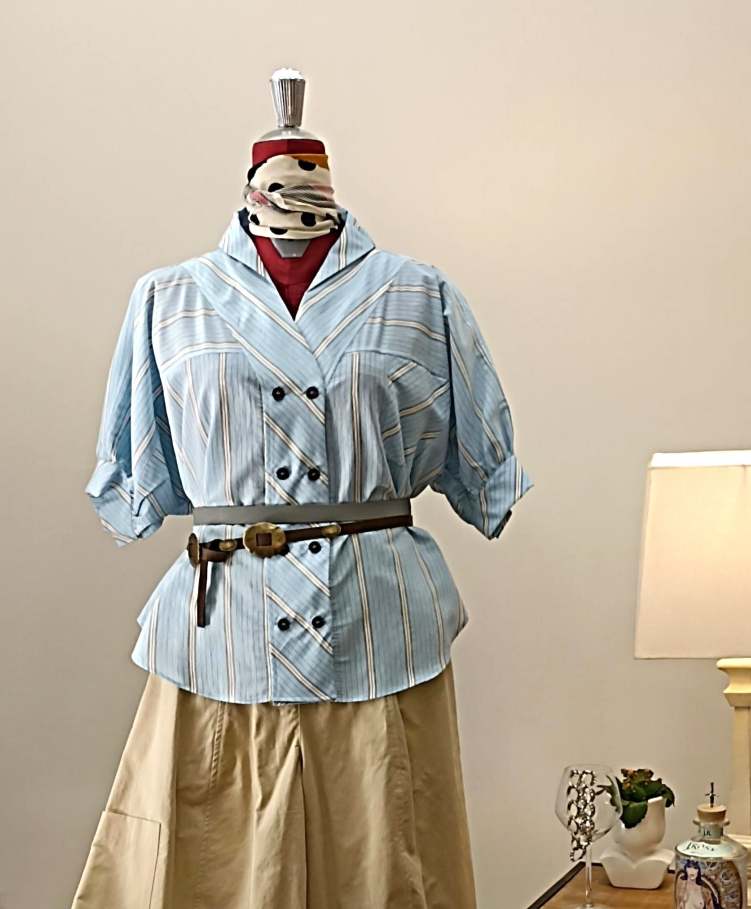 CAMICIA DOPPIO PETTO A RIGHE- MANICA PALLONCINO